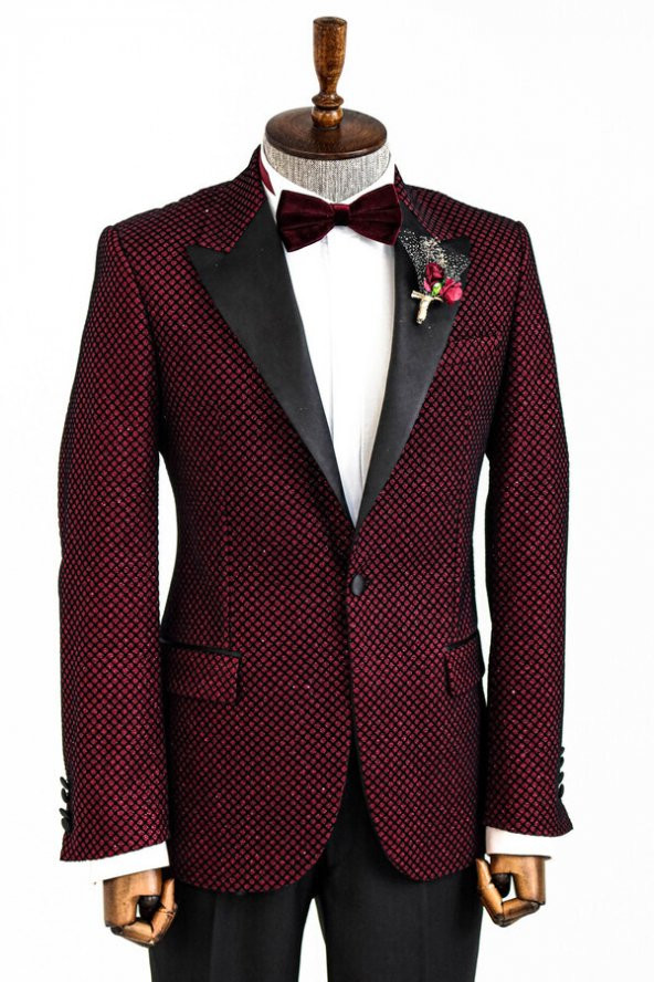 Siyah Desenli Simli Bordo Erkek Smokin Ceket - 4