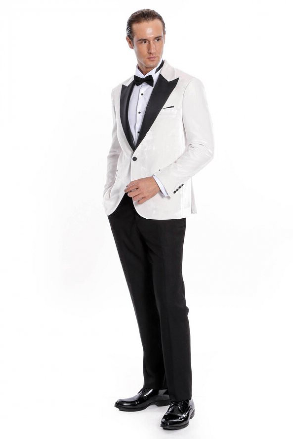 Kadife Slim Fit Beyaz Erkek Smokin Ceketi - 2