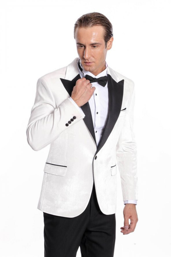 Kadife Slim Fit Beyaz Erkek Smokin Ceketi - 5
