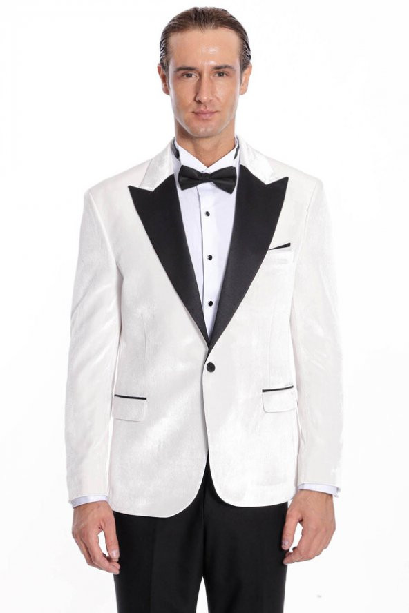 Kadife Slim Fit Beyaz Erkek Smokin Ceketi - 7