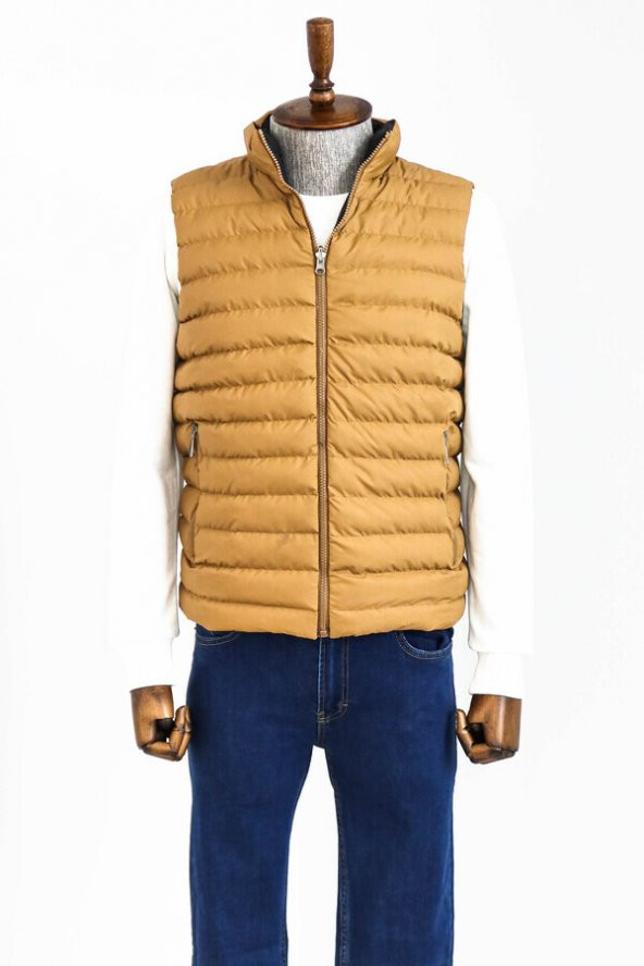 Çift Taraflı Kapitone Şişme Dik Yaka Koyu Krem Erkek Kışlık Yelek - 3