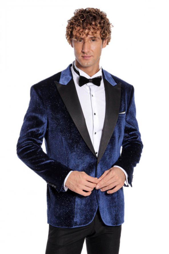 Simli Slim Fit Kadife Lacivert Erkek Smokin Ceket