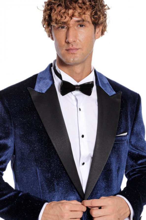 Simli Slim Fit Kadife Lacivert Erkek Smokin Ceket - 2