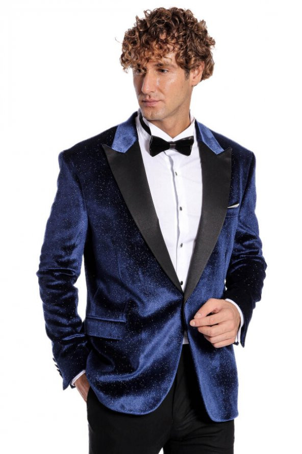 Simli Slim Fit Kadife Lacivert Erkek Smokin Ceket - 3