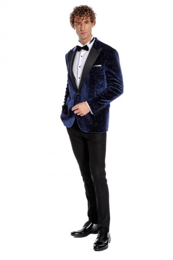 Simli Slim Fit Kadife Lacivert Erkek Smokin Ceket - 5