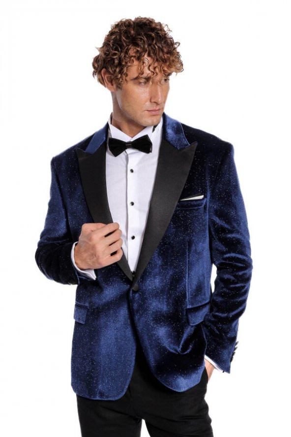 Simli Slim Fit Kadife Lacivert Erkek Smokin Ceket - 6