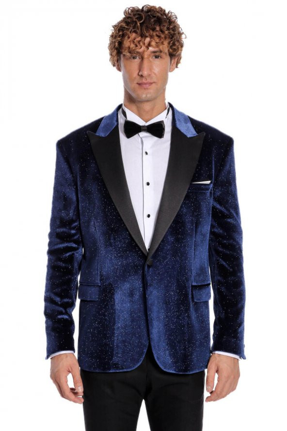 Simli Slim Fit Kadife Lacivert Erkek Smokin Ceket - 8