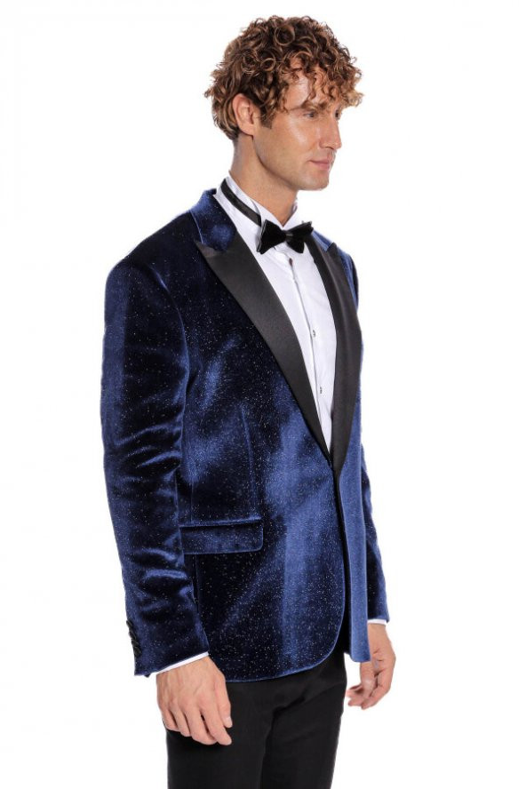 Simli Slim Fit Kadife Lacivert Erkek Smokin Ceket - 9