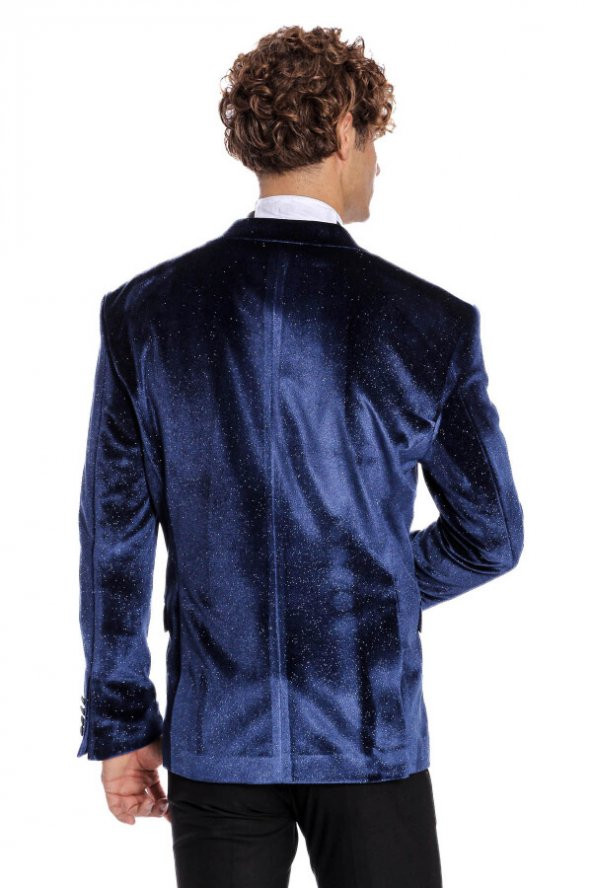 Simli Slim Fit Kadife Lacivert Erkek Smokin Ceket - 10
