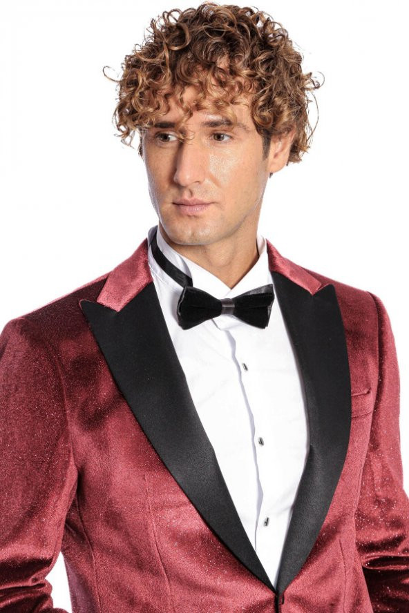 Simli Slim Fit Kadife Bordo Erkek Smokin Ceket - 7