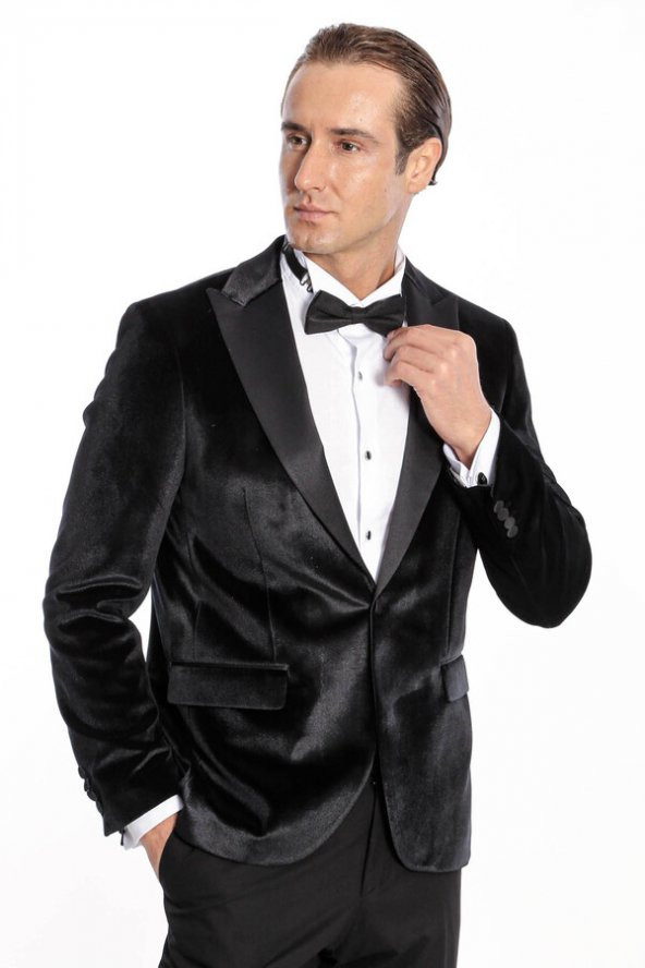 Kadife Slim Fit Siyah Erkek Smokin Ceket - 3