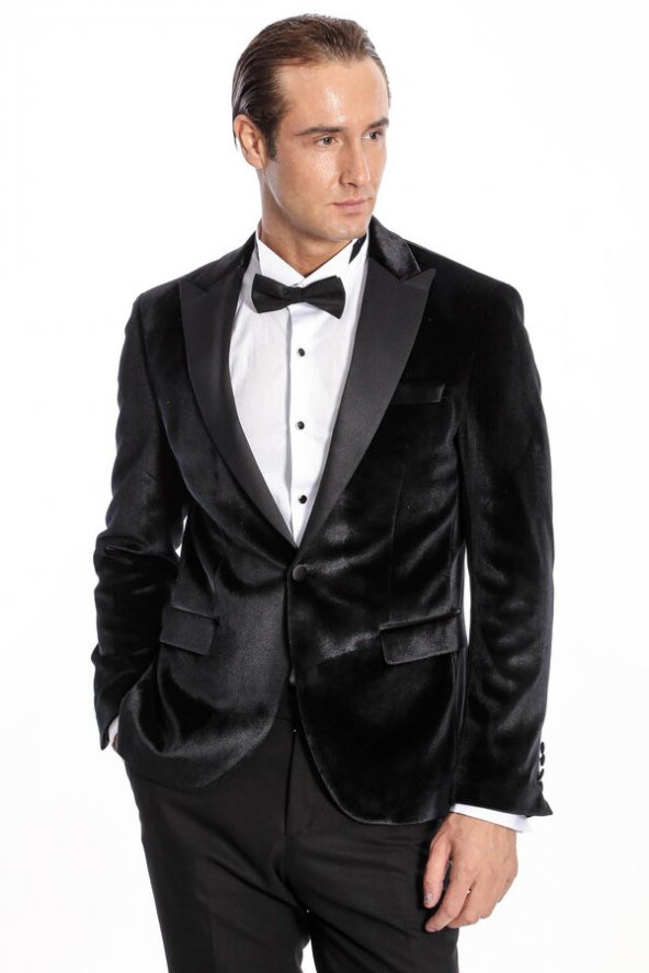 Kadife Slim Fit Siyah Erkek Smokin Ceket - 4