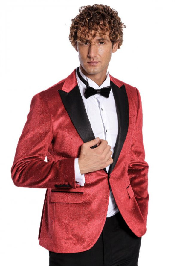 Simli Slim Fit Kadife Kırmızı Erkek Smokin Ceket - 4