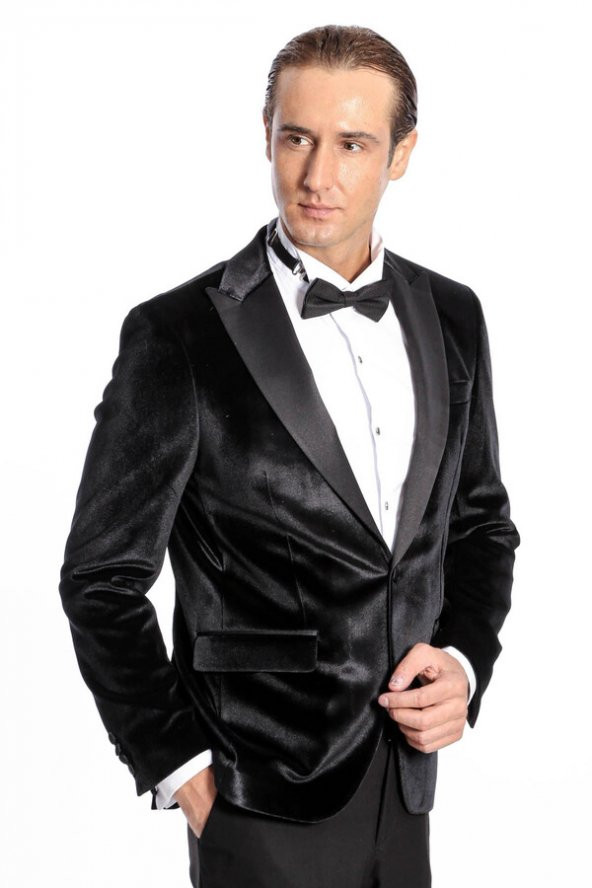 Kadife Slim Fit Siyah Erkek Smokin Ceket - 5