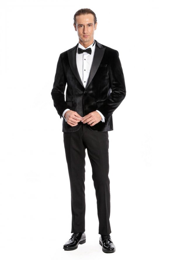 Kadife Slim Fit Siyah Erkek Smokin Ceket - 6