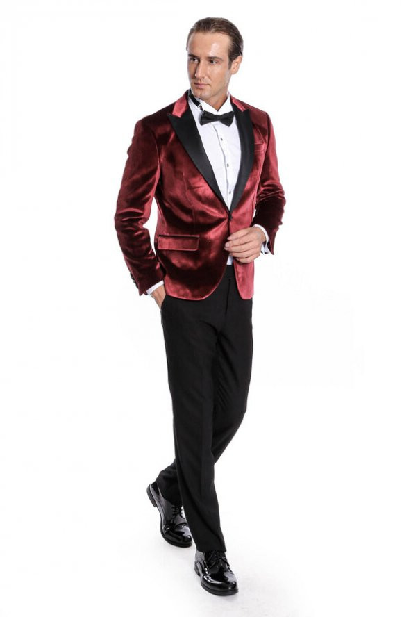 Kadife Slim Fit Bordo Erkek Smokin Ceket - 5