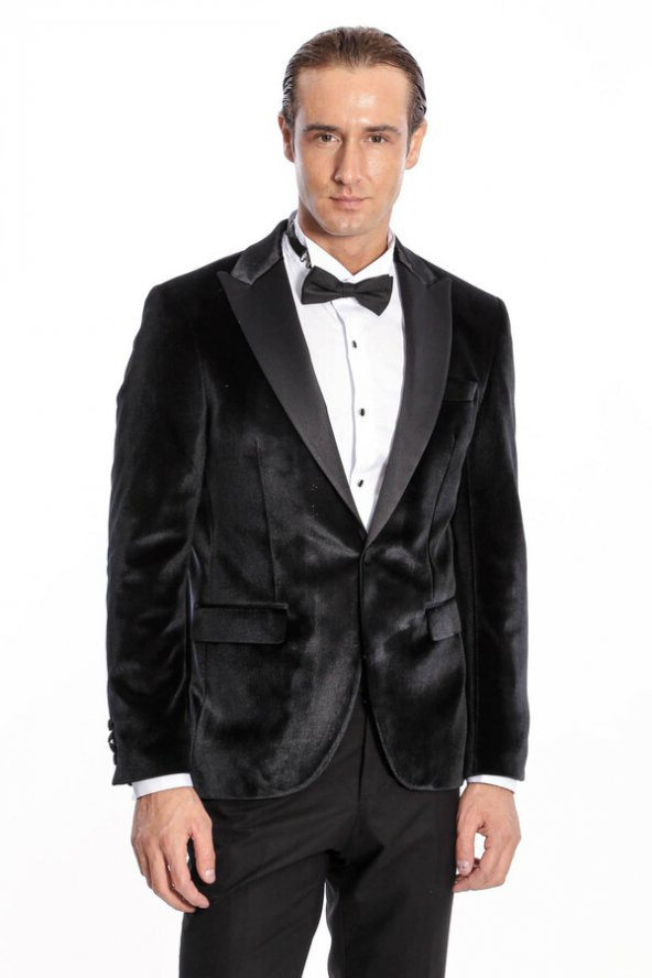Kadife Slim Fit Siyah Erkek Smokin Ceket - 7