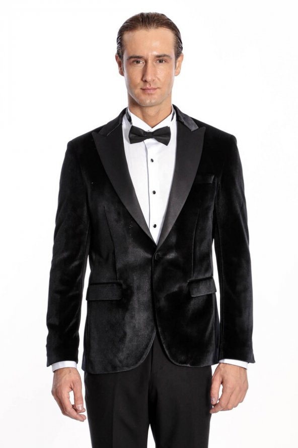 Kadife Slim Fit Siyah Erkek Smokin Ceket - 8