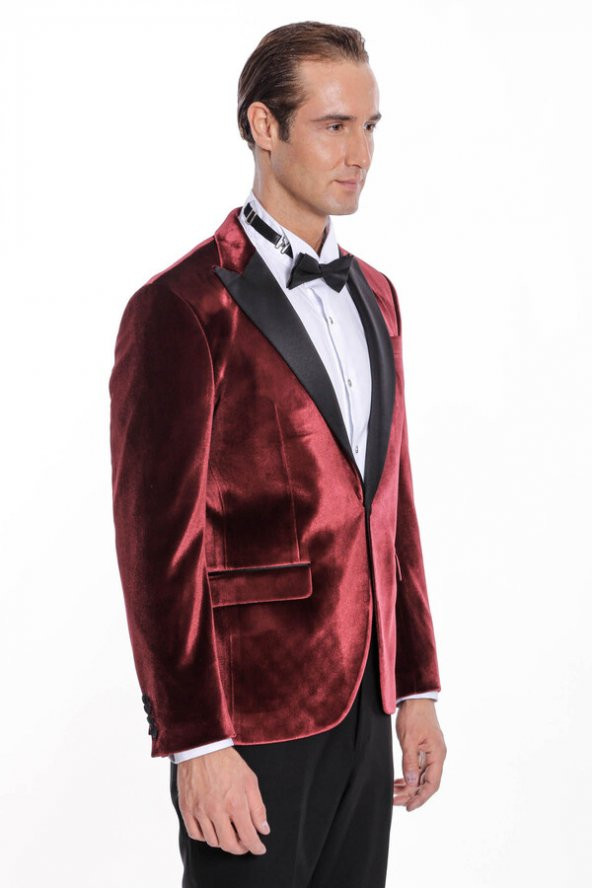 Kadife Slim Fit Bordo Erkek Smokin Ceket - 8