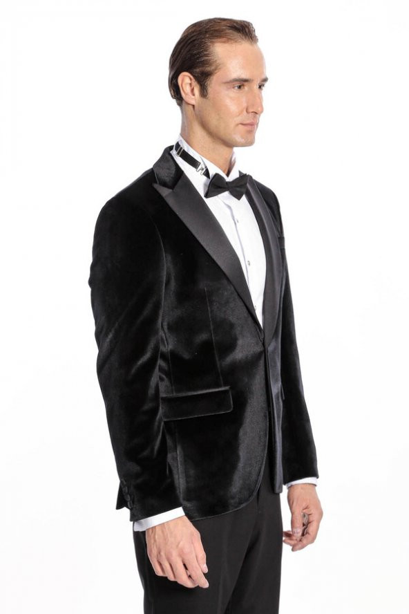Kadife Slim Fit Siyah Erkek Smokin Ceket - 9