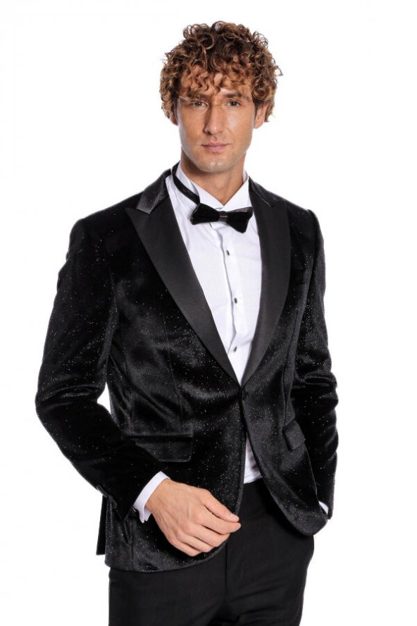 Simli Slim Fit Kadife Siyah Erkek Smokin Ceket - 6