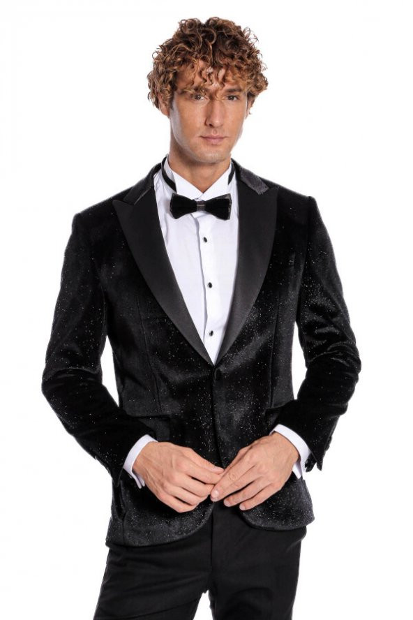 Simli Slim Fit Kadife Siyah Erkek Smokin Ceket - 7