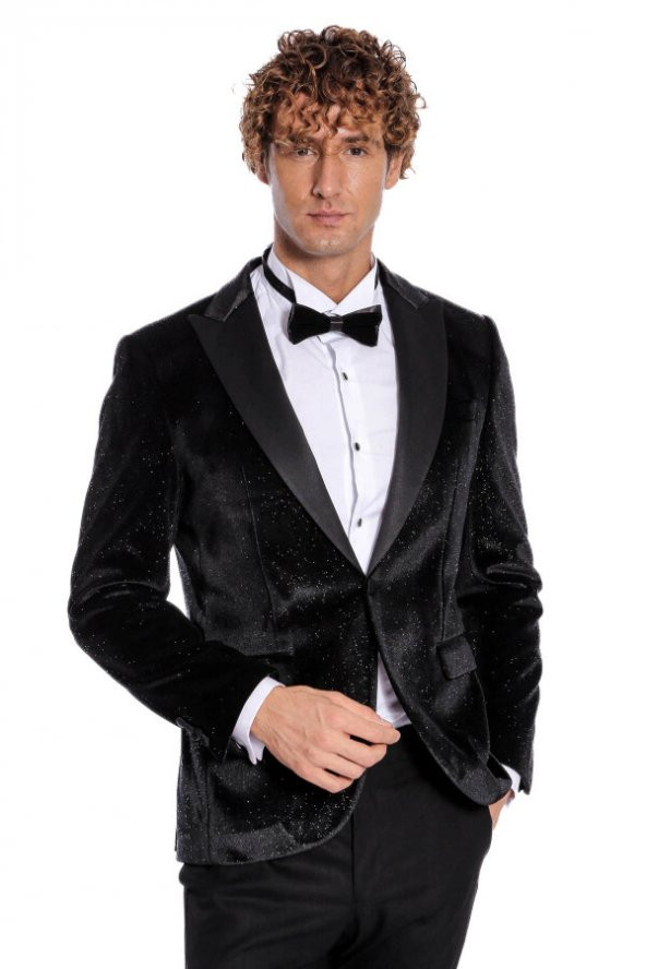 Simli Slim Fit Kadife Siyah Erkek Smokin Ceket - 8