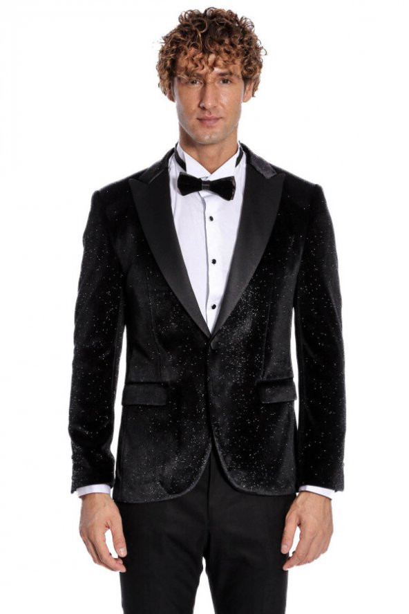 Simli Slim Fit Kadife Siyah Erkek Smokin Ceket - 10