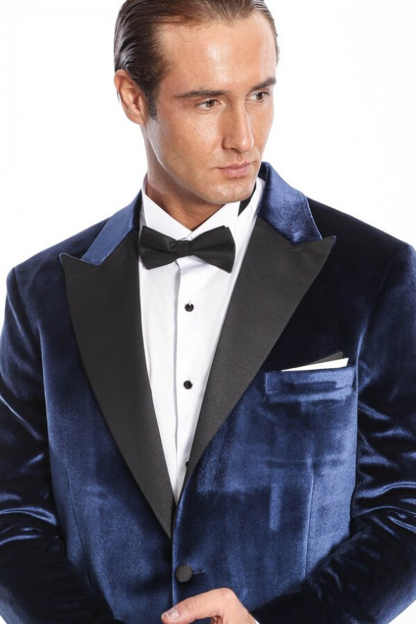 Kadife Slim Fit Mavi Erkek Smokin Ceket - 2