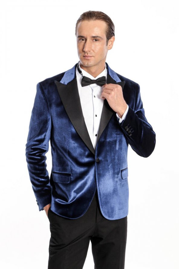 Kadife Slim Fit Mavi Erkek Smokin Ceket - 5