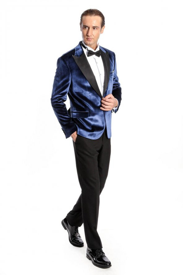Kadife Slim Fit Mavi Erkek Smokin Ceket - 6