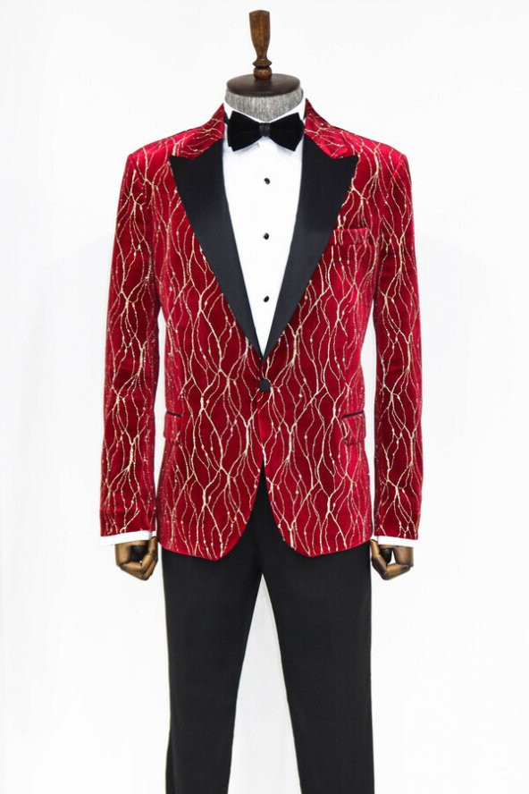 Desenli Koyu Kırmızı Erkek Smokin Ceket - 4
