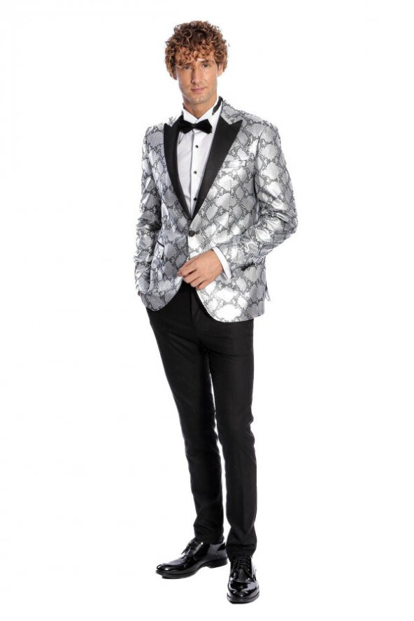 Desenli Slim Fit Gri Erkek Smokin Ceket - 2
