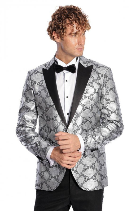 Desenli Slim Fit Gri Erkek Smokin Ceket - 3