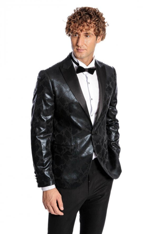 Desenli Slim Fit Siyah Erkek Smokin Ceket - 2