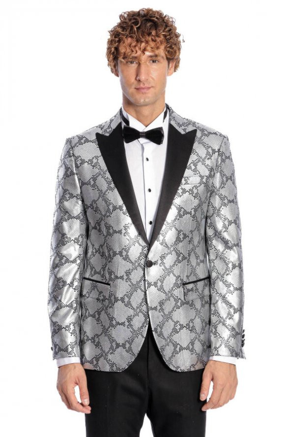 Desenli Slim Fit Gri Erkek Smokin Ceket - 5