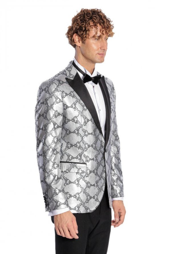 Desenli Slim Fit Gri Erkek Smokin Ceket - 6