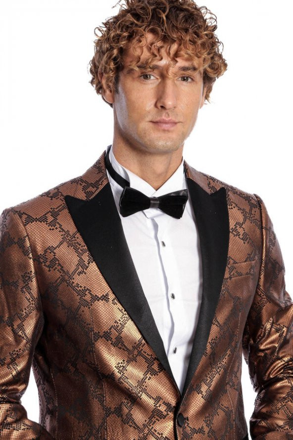 Desenli Slim Fit Kahverengi Erkek Smokin Ceket - 2