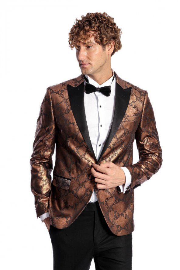 Desenli Slim Fit Kahverengi Erkek Smokin Ceket - 3