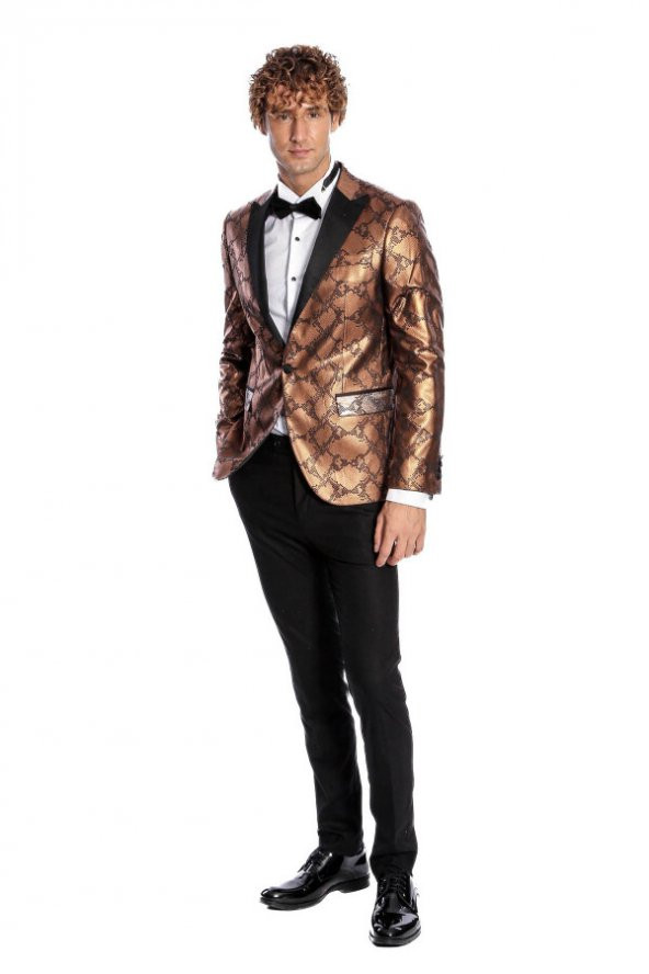 Desenli Slim Fit Kahverengi Erkek Smokin Ceket - 4
