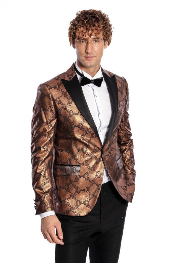 Desenli Slim Fit Kahverengi Erkek Smokin Ceket - 5