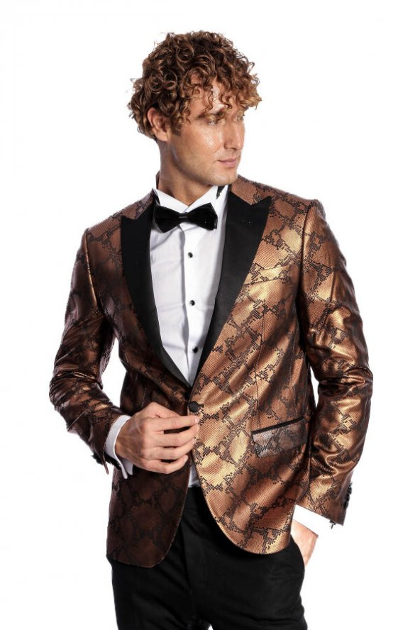 Desenli Slim Fit Kahverengi Erkek Smokin Ceket - 6