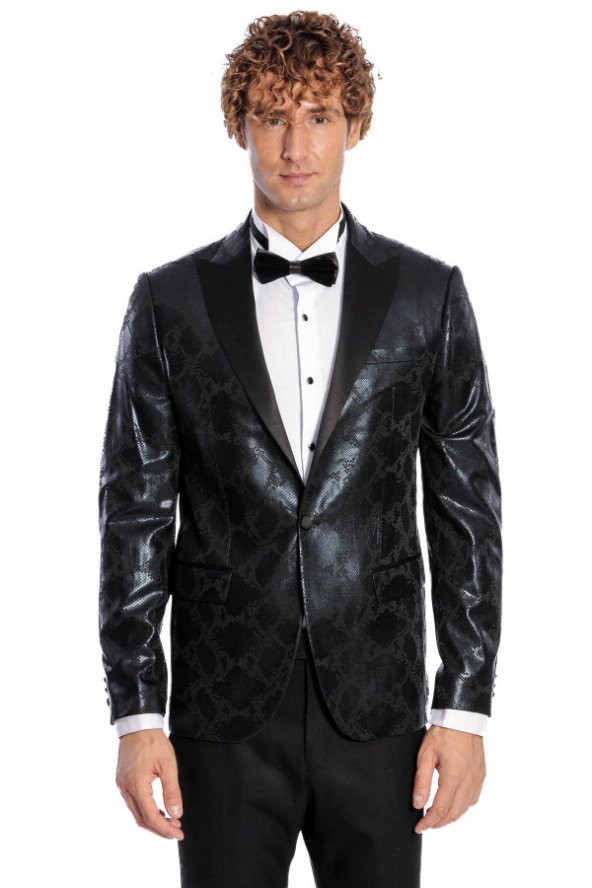 Desenli Slim Fit Siyah Erkek Smokin Ceket - 8