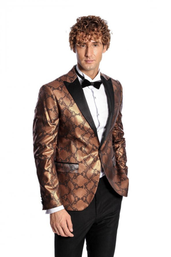 Desenli Slim Fit Kahverengi Erkek Smokin Ceket - 7