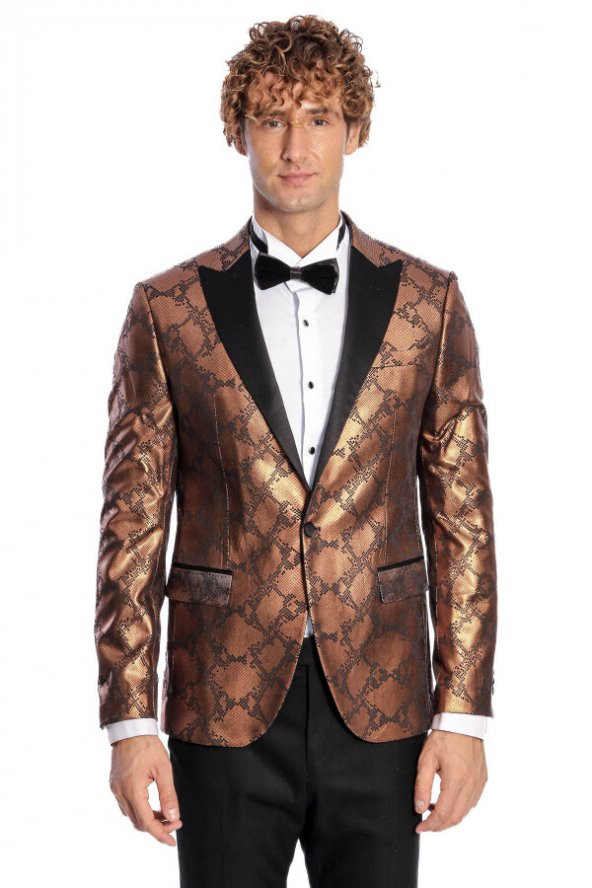 Desenli Slim Fit Kahverengi Erkek Smokin Ceket - 8