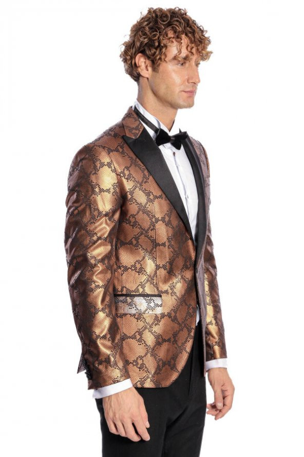 Desenli Slim Fit Kahverengi Erkek Smokin Ceket - 9