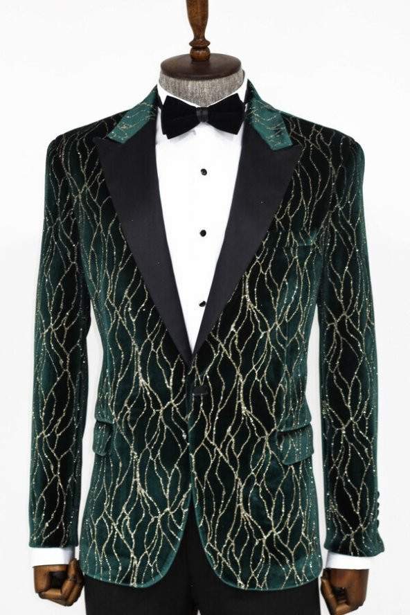 Desenli Koyu Yeşil Erkek Smokin Ceket
