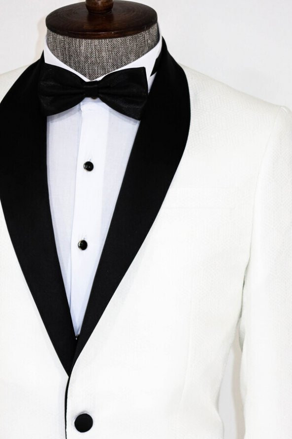 Beşgen Desenli Şal Yaka Beyaz Erkek Smokin Ceket - 5