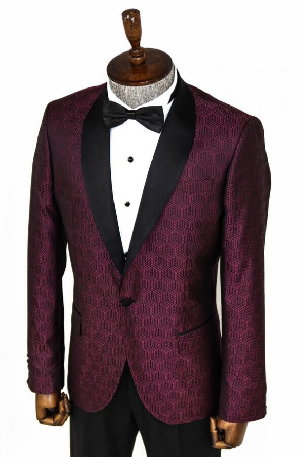 Beşgen Desenli Şal Yaka Bordo Erkek Smokin Ceket - 9