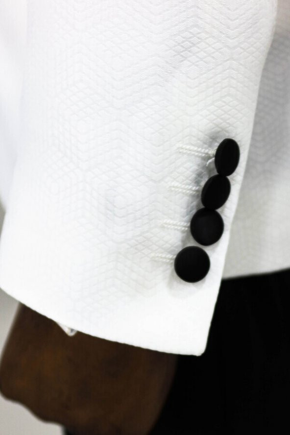 Beşgen Desenli Şal Yaka Beyaz Erkek Smokin Ceket - 7